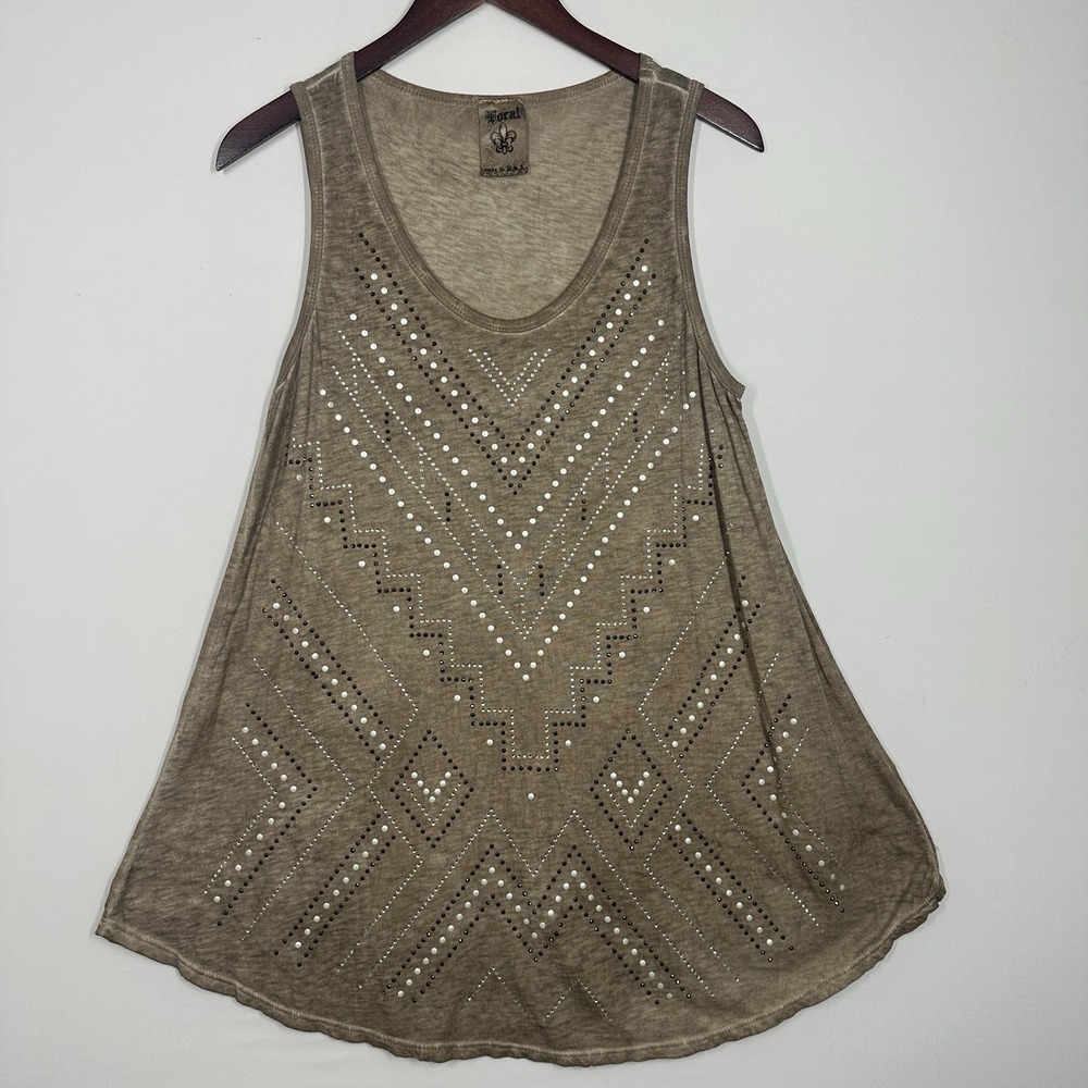 VOCAL tunic tank top Medium Y2K Rhinestones Brown USA Made Boho Bohemian